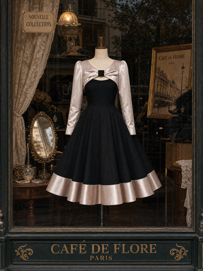 Vintage Satin Bow Spliced Midi Dress