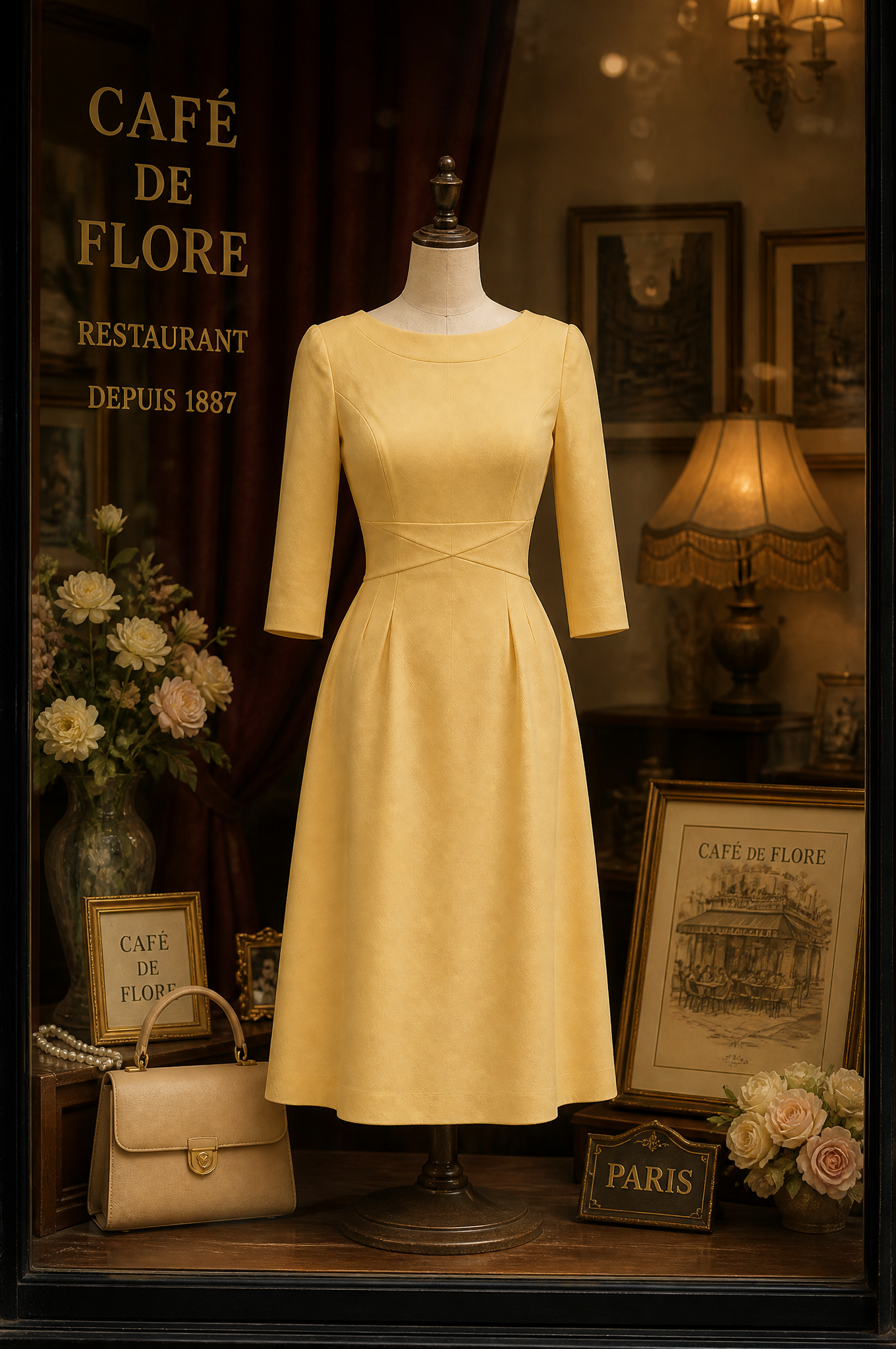 Vintage French Yellow Boat-Neck 3/4 Sleeve Midi Dress