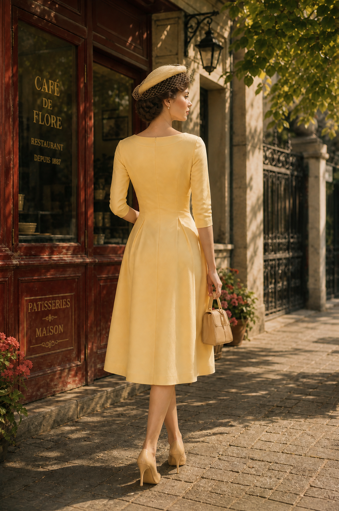 Vintage French Yellow Boat-Neck 3/4 Sleeve Midi Dress
