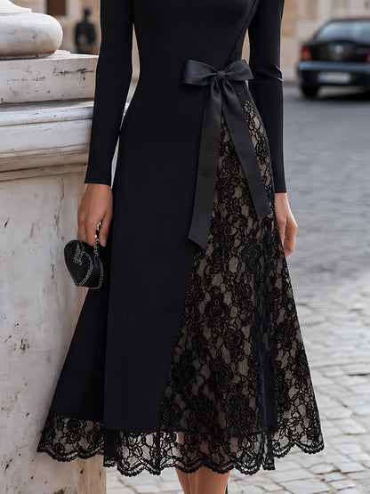 Lace Bow Asymmetric Midi Dress