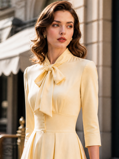 Elegant Butter-Yellow Bow-Tie Buttoned Waist Midi Dress
