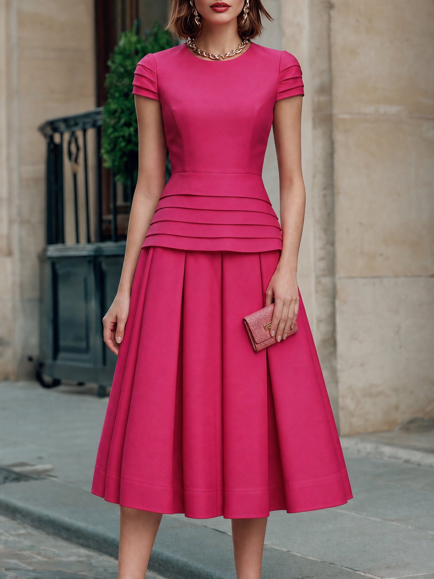 Pleated Layered Waist Flare Midi Dress