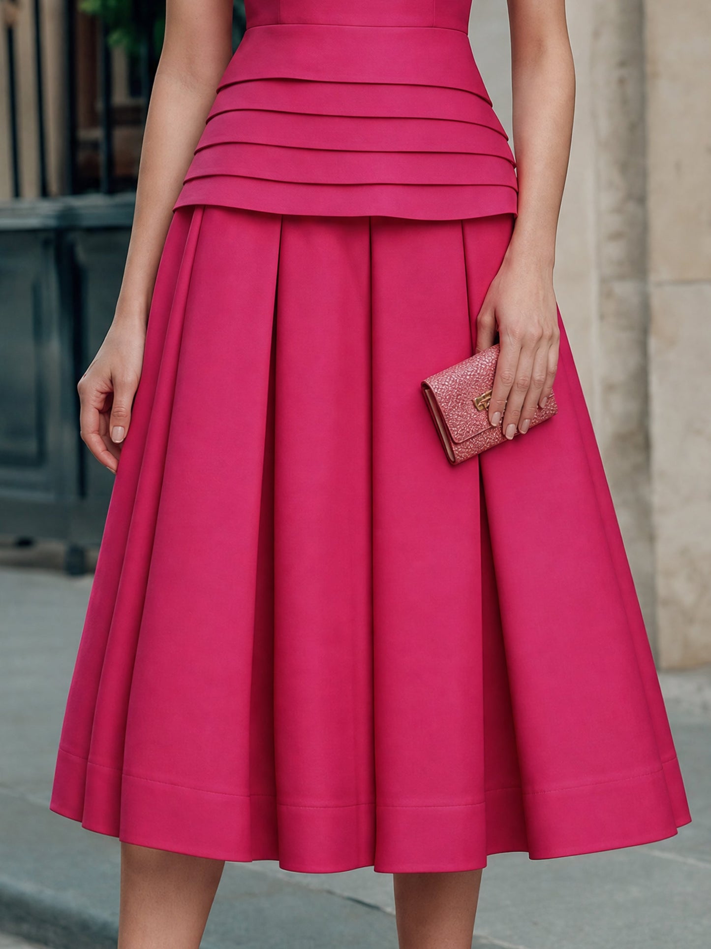 Pleated Layered Waist Flare Midi Dress