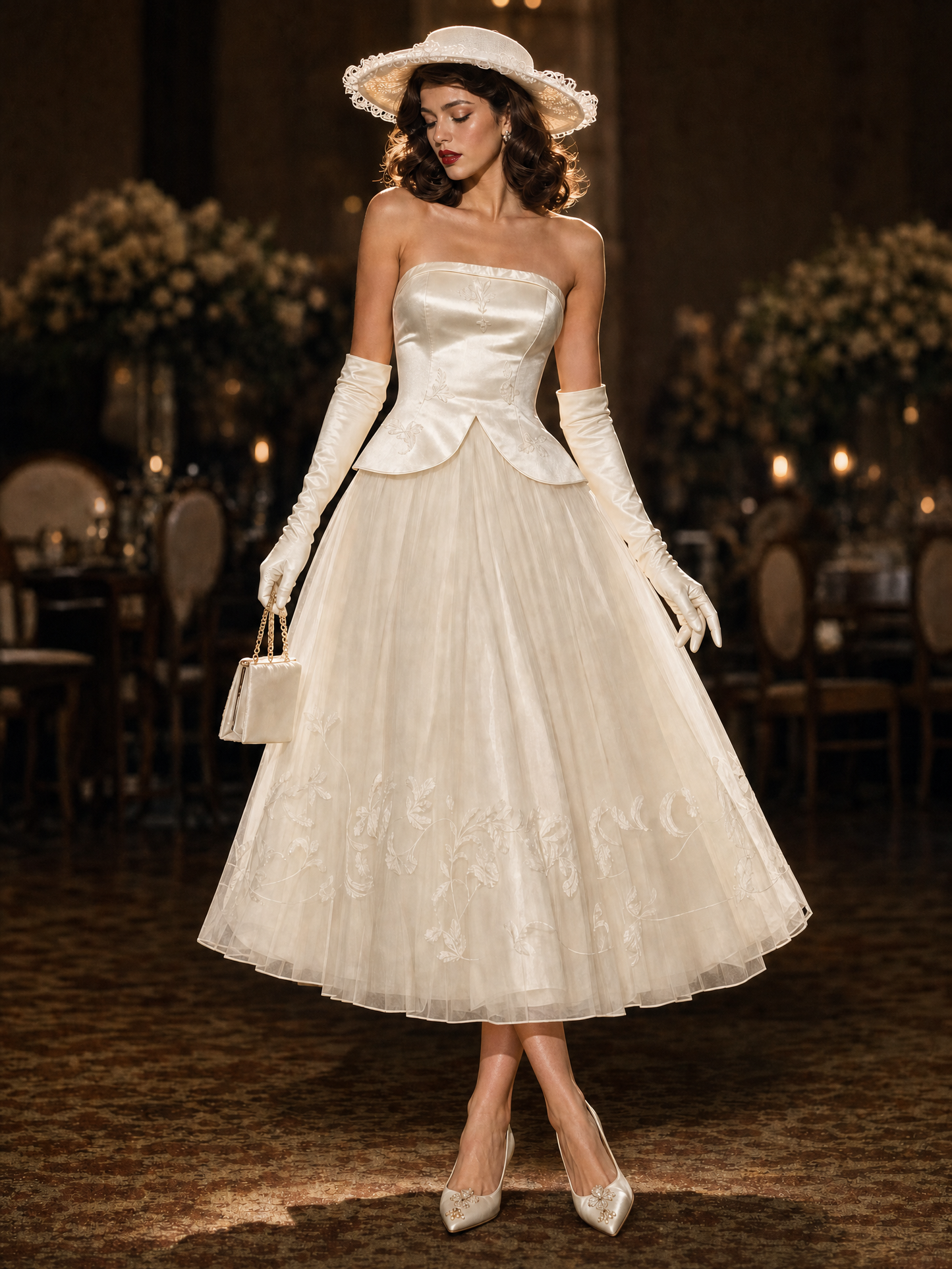 Vintage Hepburn Style Strapless Satin Embroidered Tulle Evening Dress