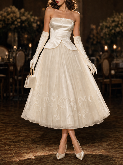 Vintage Hepburn Style Strapless Satin Embroidered Tulle Evening Dress