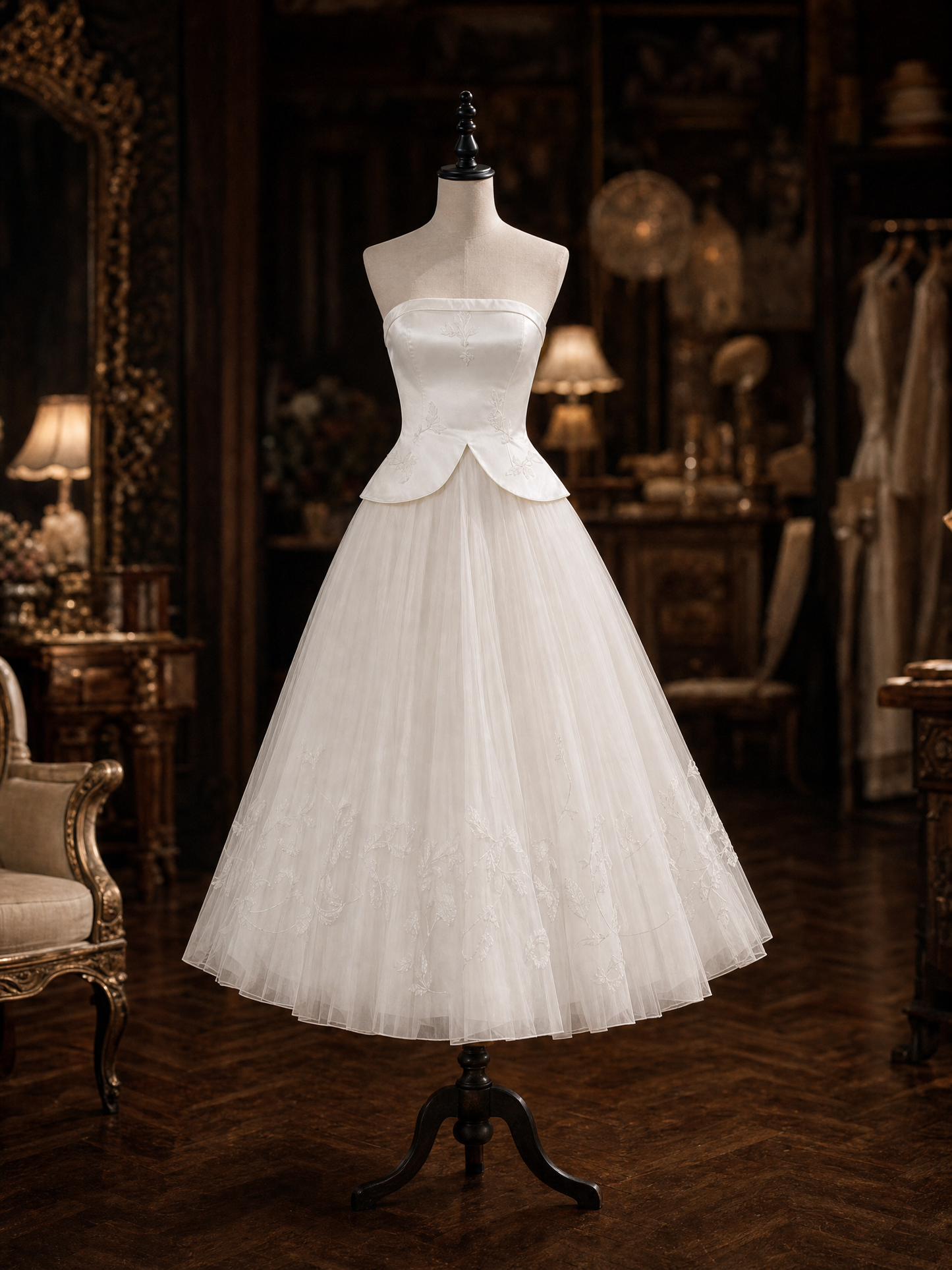 Vintage Hepburn Style Strapless Satin Embroidered Tulle Evening Dress