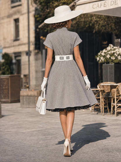 Vintage Stand Collar Gingham Short Sleeve A-Line Midi Dress