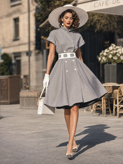 Vintage Stand Collar Gingham Short Sleeve A-Line Midi Dress
