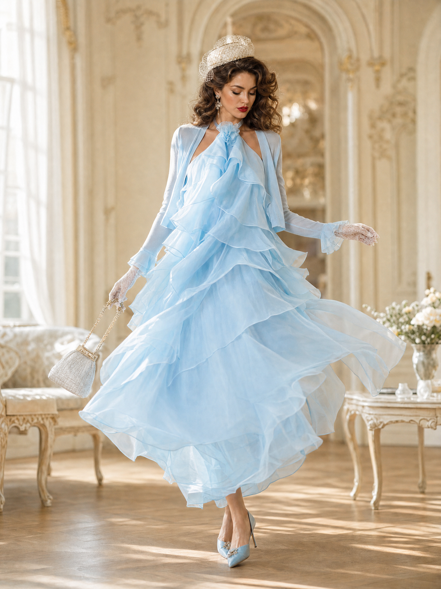 Vintage Floral Halter Multi-Layer Ruffled Chiffon Flowy Maxi Dress