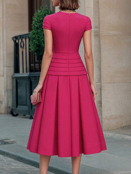 Pleated Layered Waist Flare Midi Dress