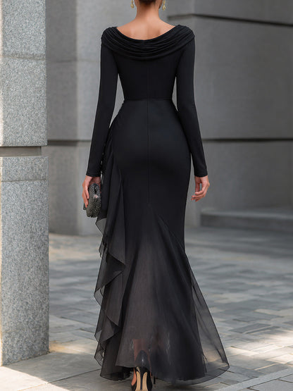 Draped Cowl Neck Layered Organza Panel Maxi Dress