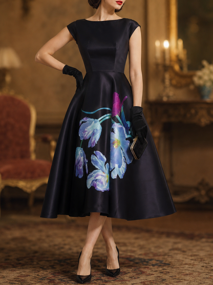 Elegant Watercolor Floral-Print Cocktail Midi Party Dress