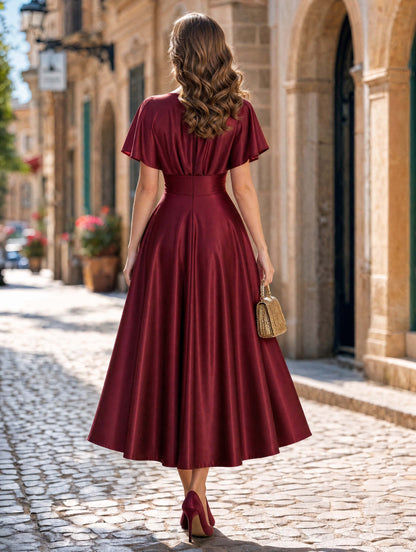 Vintage Burgundy Satin Swing Midi Formal Dress