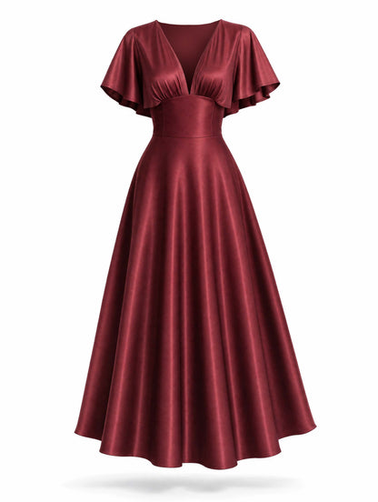 Vintage Burgundy Satin Swing Midi Formal Dress