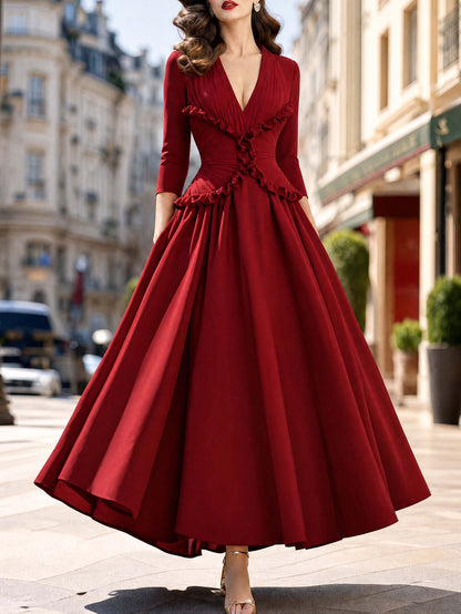 Vintage Wine Red Waist-Cinched Midi Swing Dress
