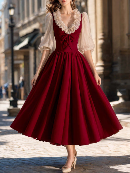 Vintage Burgundy Ruffle Bow Swing Midi Dress