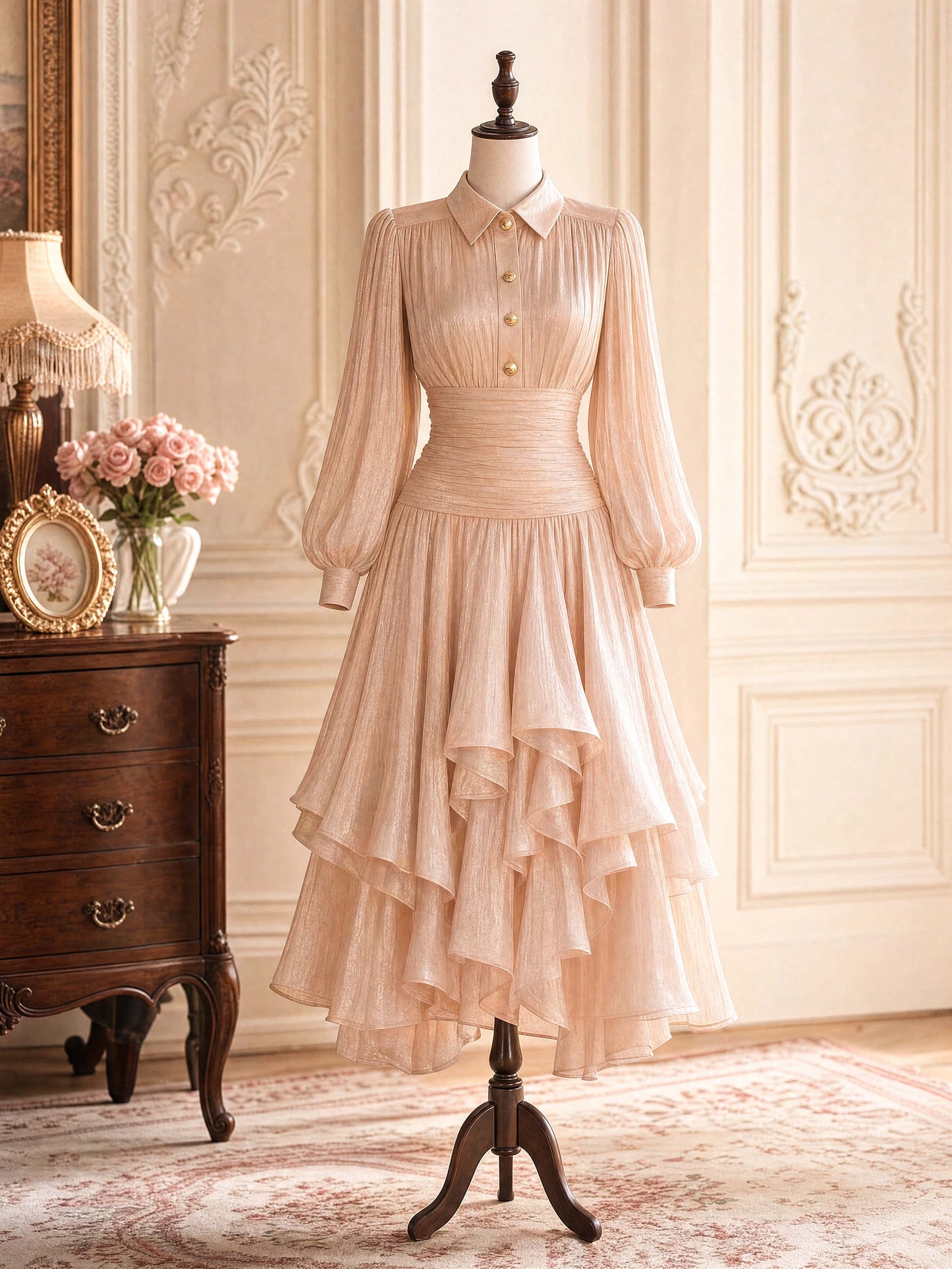 Vintage Champagne Shimmer Puff Sleeve Midi Dress
