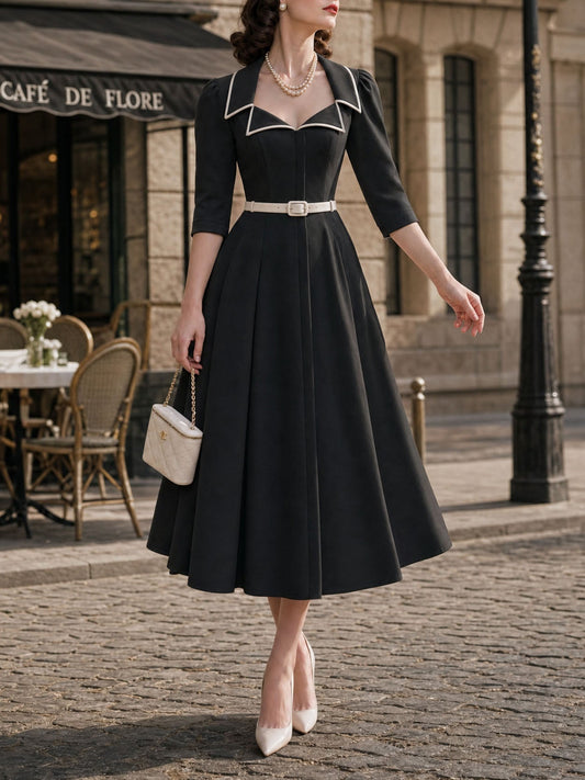 Vintage Colorblock Lapel Midi Dress