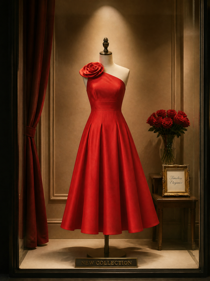 Red One-Shoulder 3D Rosette Cocktail Dress