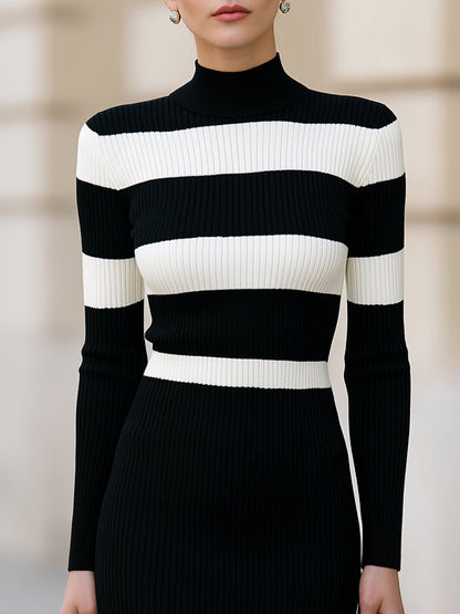 Contrast Stripe Ribbed Knit Mock Neck Midi Dress