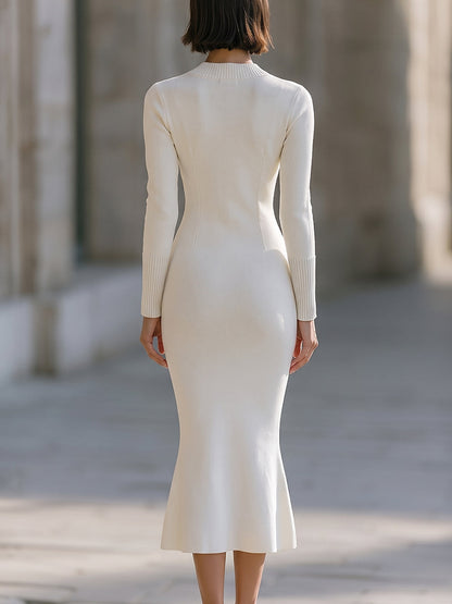 Ribbed V-Neck Zip Detail Knit Midi Dress