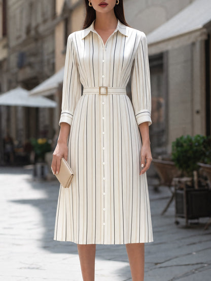 Pinstripe Belted Shirt Midi Dress