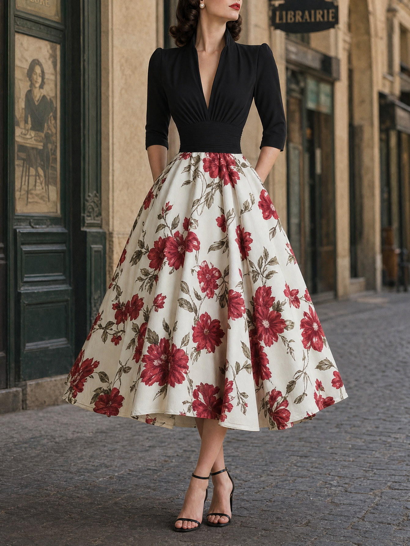 Vintage Floral Print Paneled V-Neck Maxi Dress
