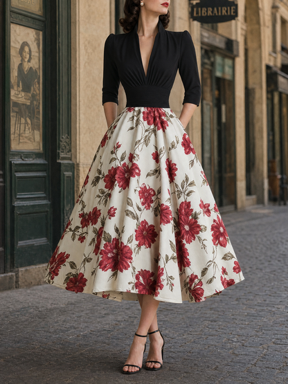 Vintage Floral Print Paneled V-Neck Maxi Dress