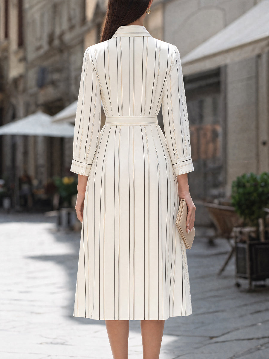 Pinstripe Belted Shirt Midi Dress