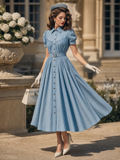 Vintage Blue Puff Sleeve Button Front Belted Shirt Midi Dress