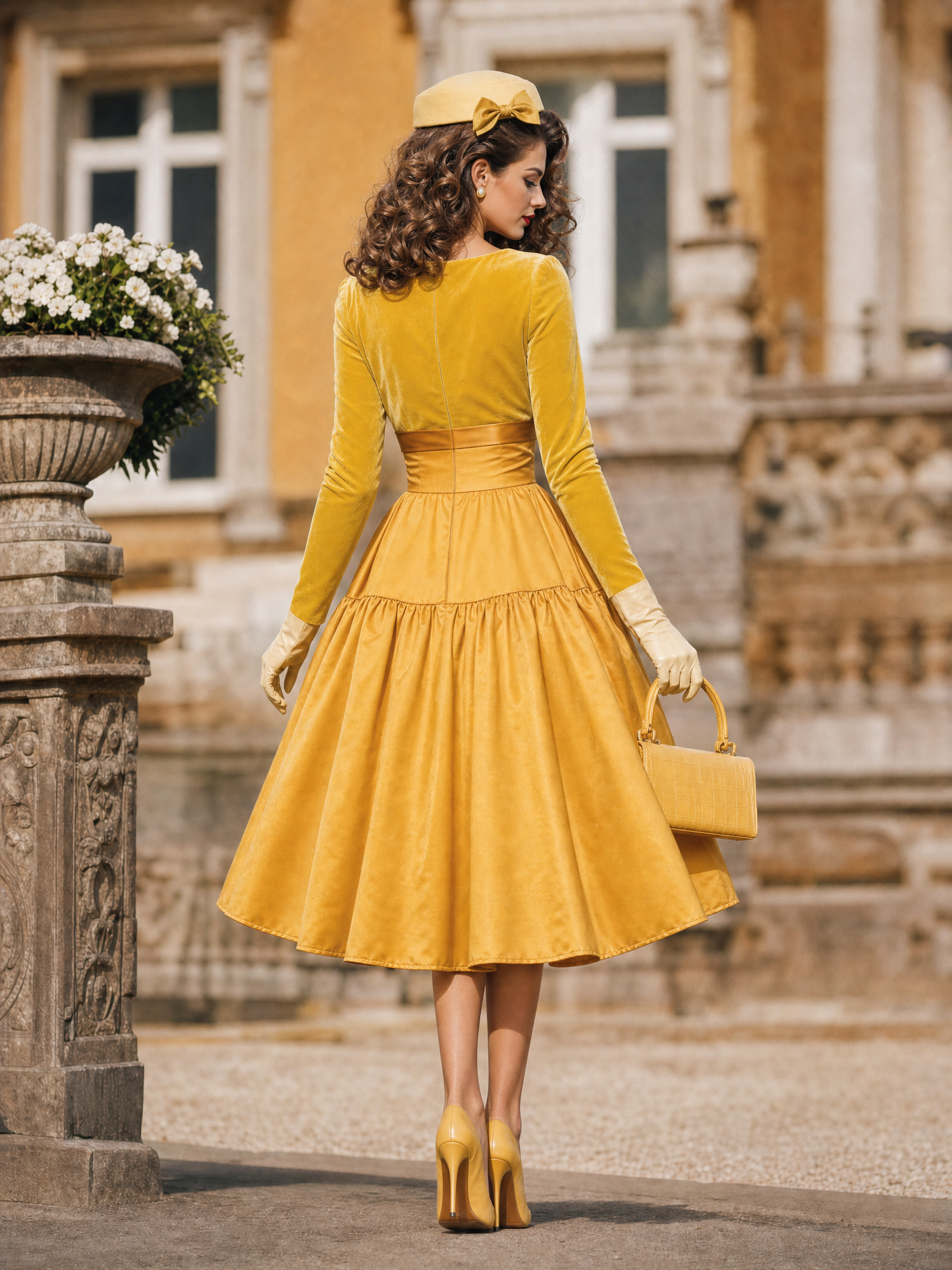 Vintage Mustard Velvet Satin Bow Waist Square Neck Swing Midi Dress