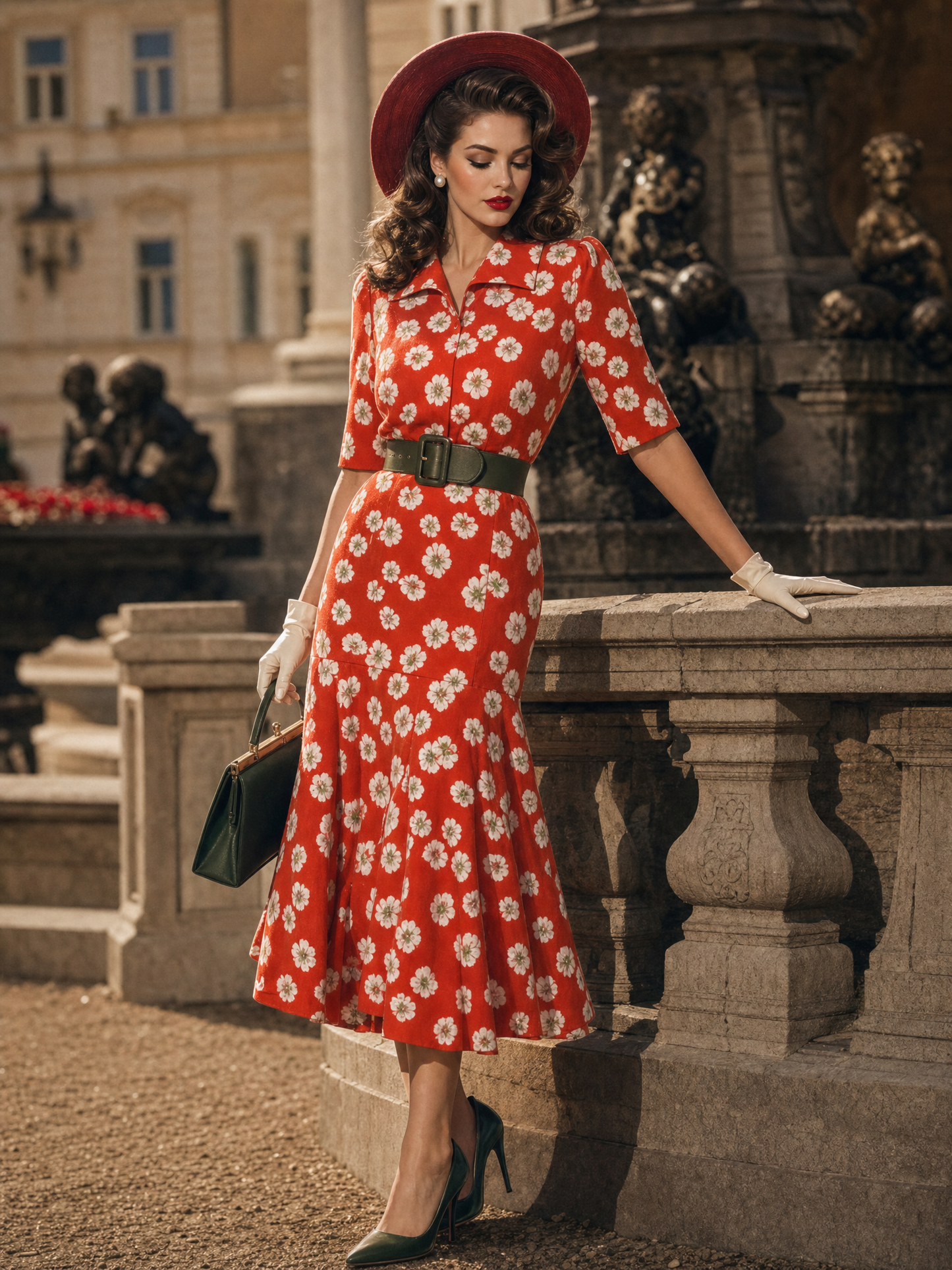 Vintage Red White Daisy Print Collared Flare Midi Dress