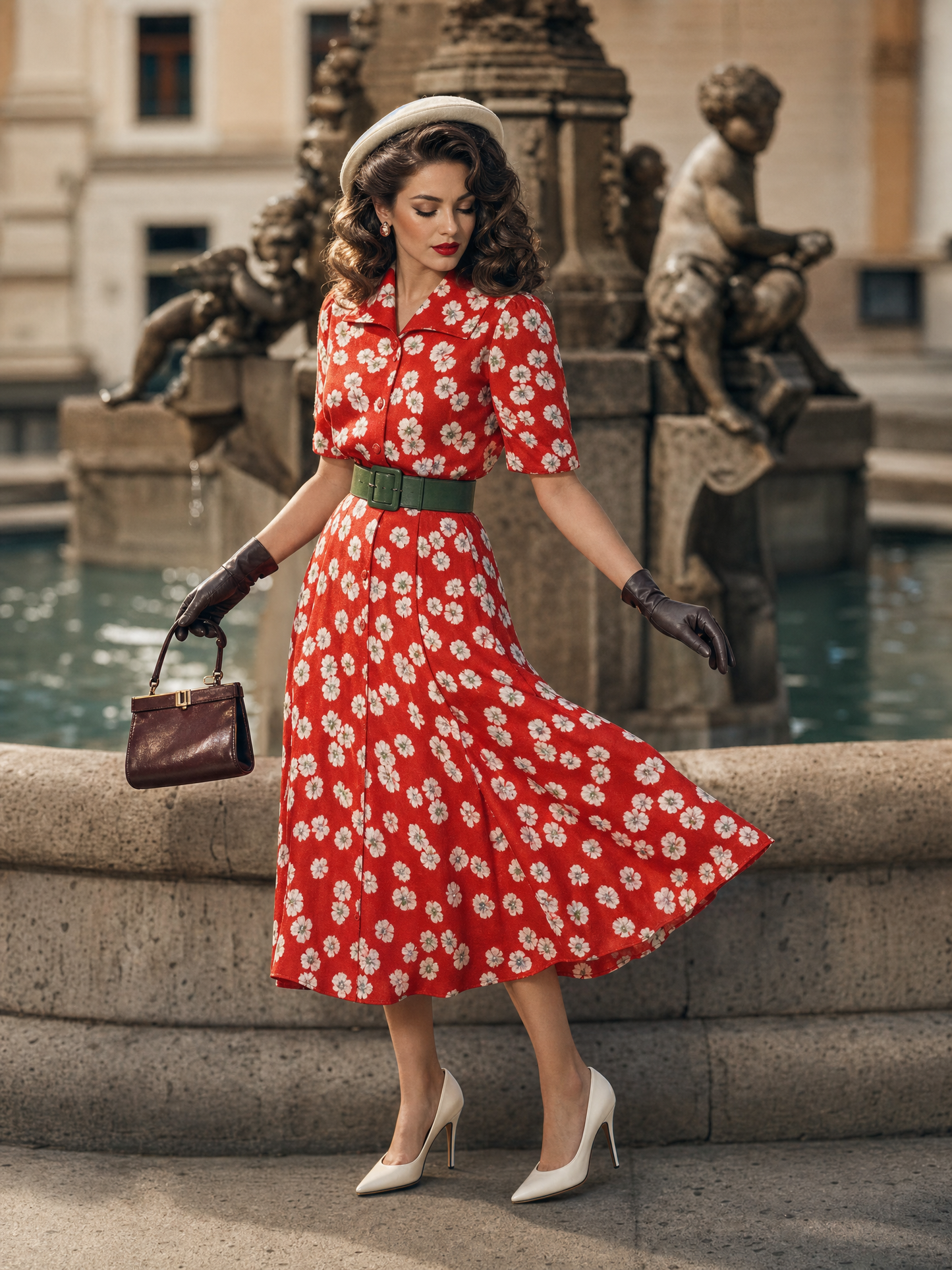 Vintage Red White Daisy Print Collared Flare Midi Dress