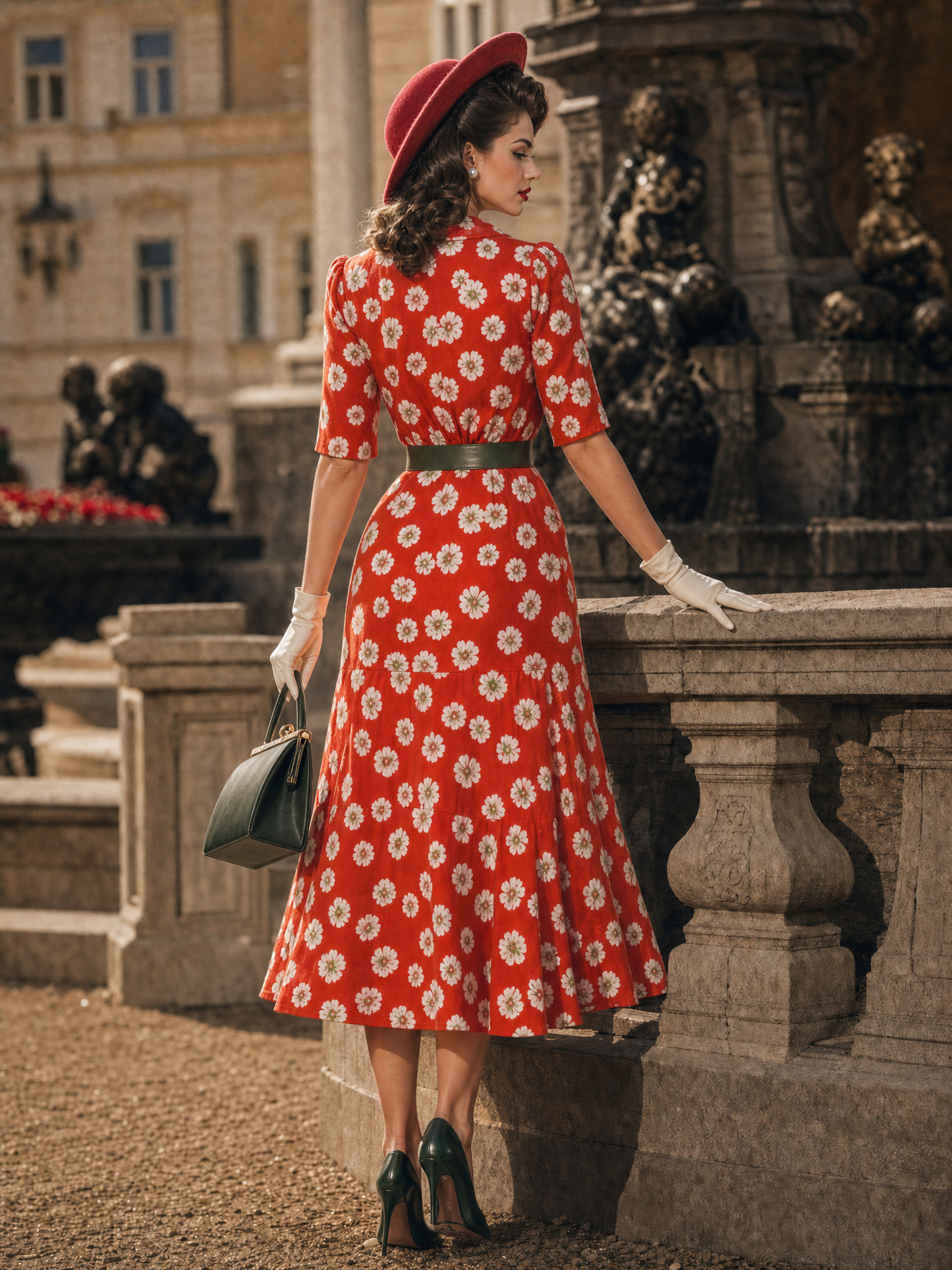Vintage Red White Daisy Print Collared Flare Midi Dress