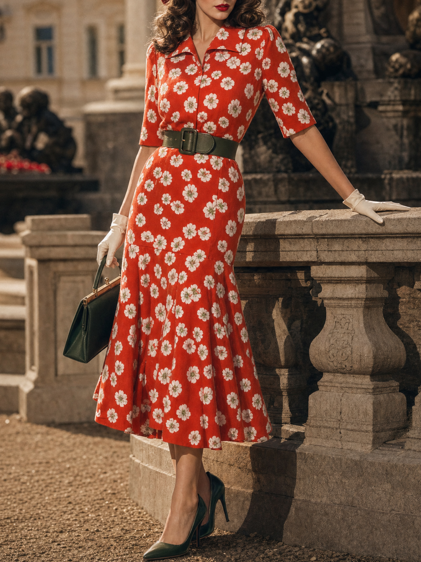 Vintage Red White Daisy Print Collared Flare Midi Dress