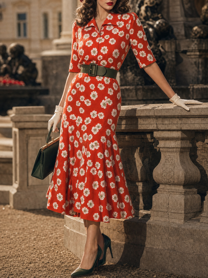 Vintage Red White Daisy Print Collared Flare Midi Dress