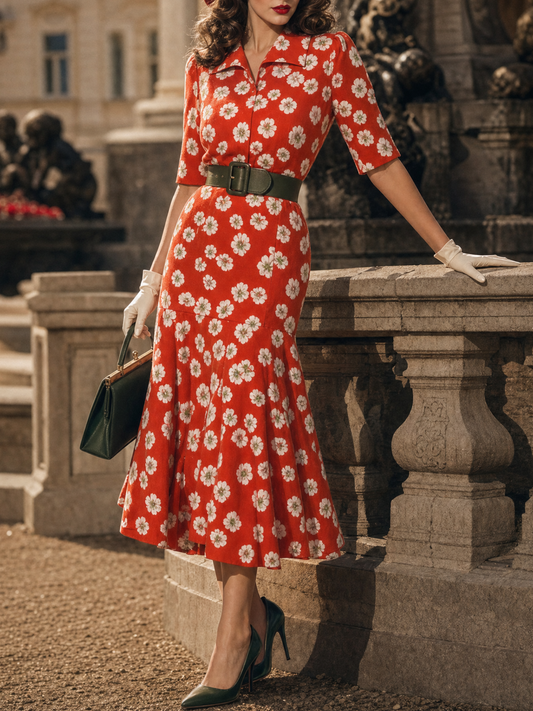 Vintage Red White Daisy Print Collared Flare Midi Dress