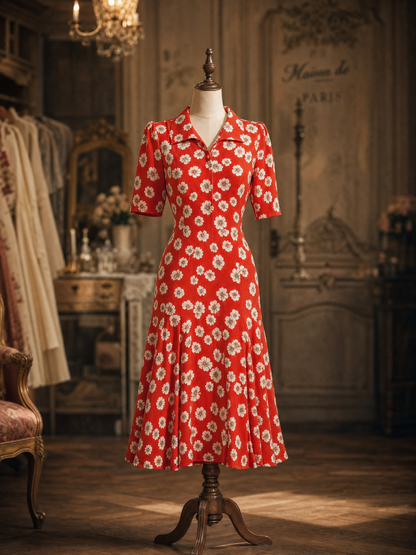 Vintage Red White Daisy Print Collared Flare Midi Dress
