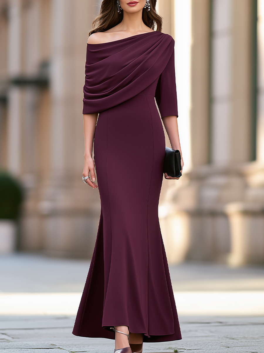 Elegant Draped Asymmetric Off-Shoulder Mermaid Evening Maxi Dress