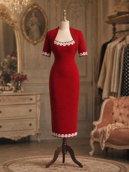Vintage Hepburn Red Daisy Embroidered Bodycon Midi Dress