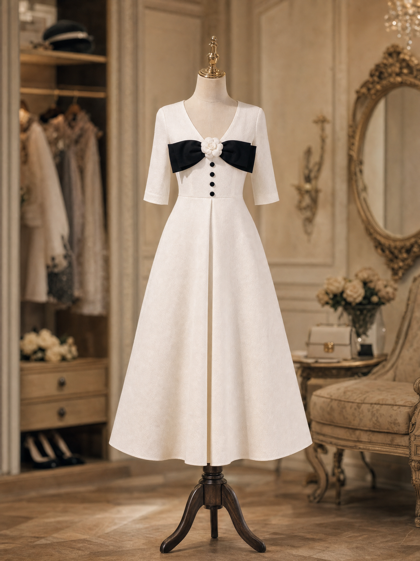Vintage Hepburn V Neck Half Sleeve Camellia Bow Midi Dress