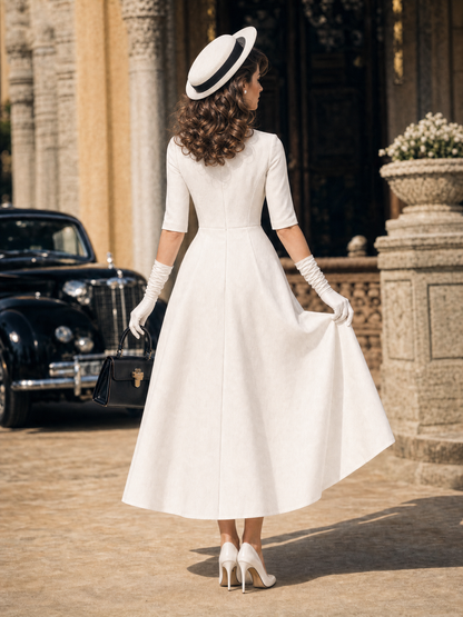 Vintage Hepburn V Neck Half Sleeve Camellia Bow Midi Dress