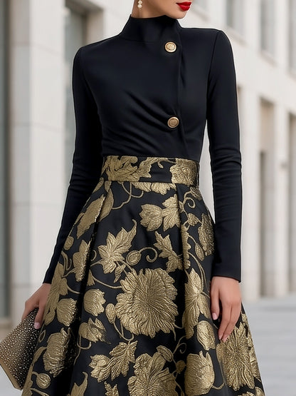 Mock Neck Jacquard Floral A-Line Midi Dress