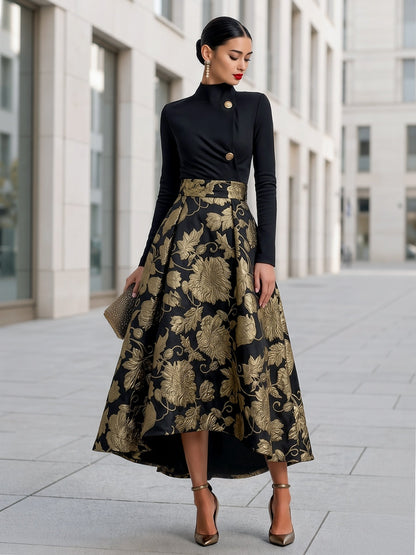 Mock Neck Jacquard Floral A-Line Midi Dress