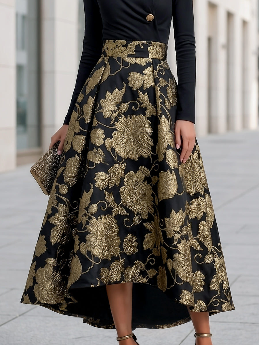 Mock Neck Jacquard Floral A-Line Midi Dress