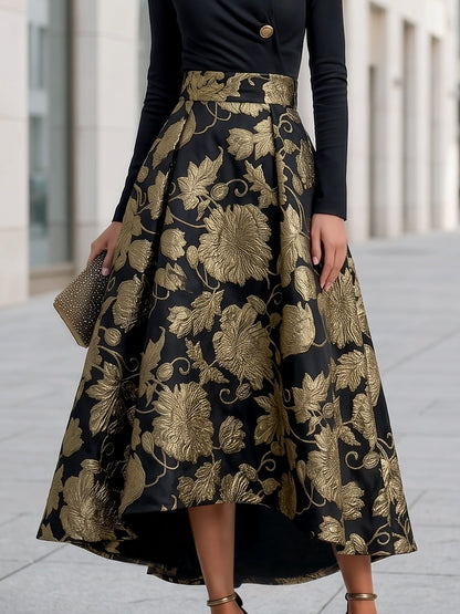 Mock Neck Jacquard Floral A-Line Midi Dress