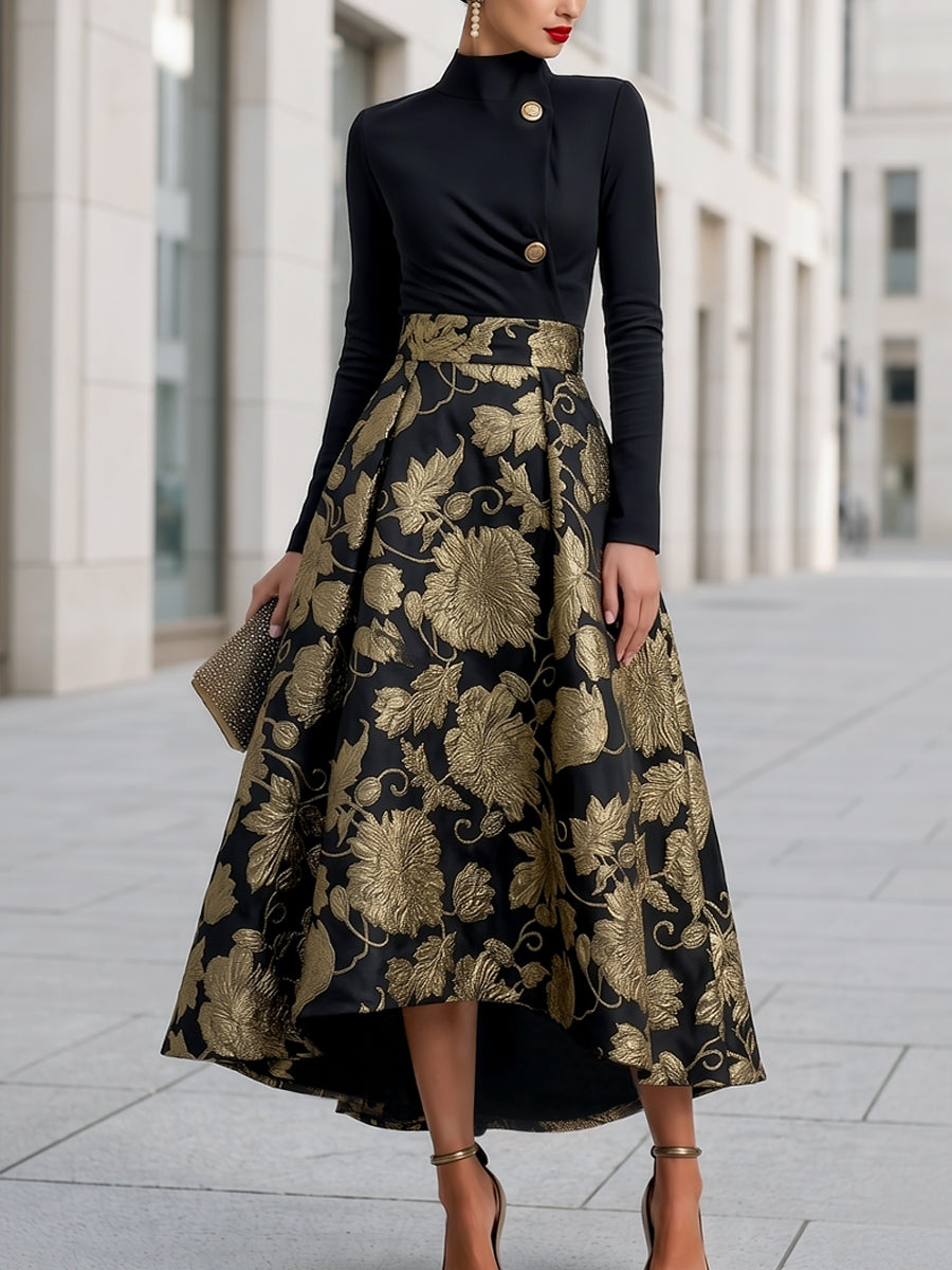 Mock Neck Jacquard Floral A-Line Midi Dress