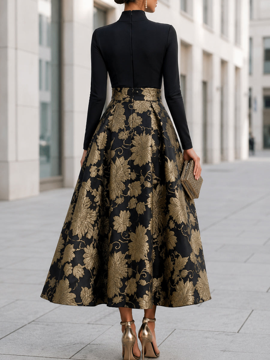 Mock Neck Jacquard Floral A-Line Midi Dress