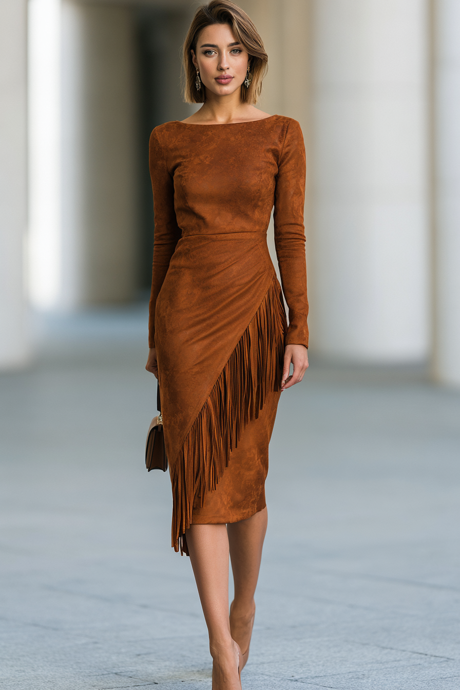 Asymmetric Fringe Faux Suede Midi Dress