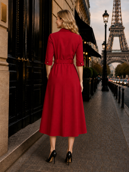Vintage Shirt Collar Metal Button Belt Midi Dress